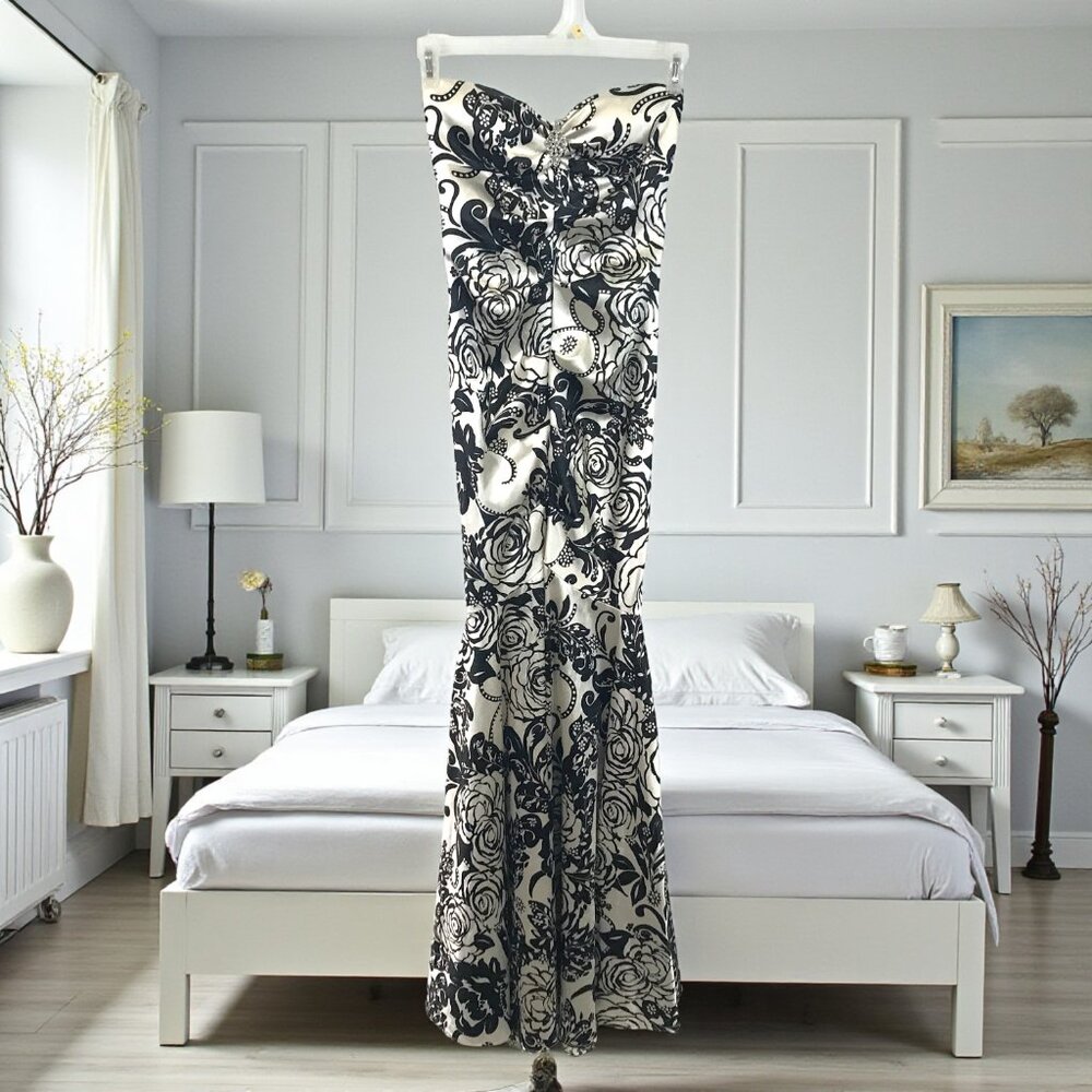 Strapless Floor Length Dress Formal Floral Black White Sz 4, DJ-JAZ